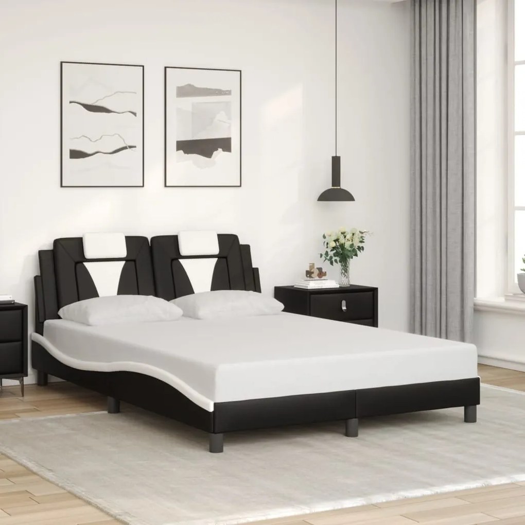 Estrutura cama c/ cabeceira 140x200 couro artif. preto/branco
