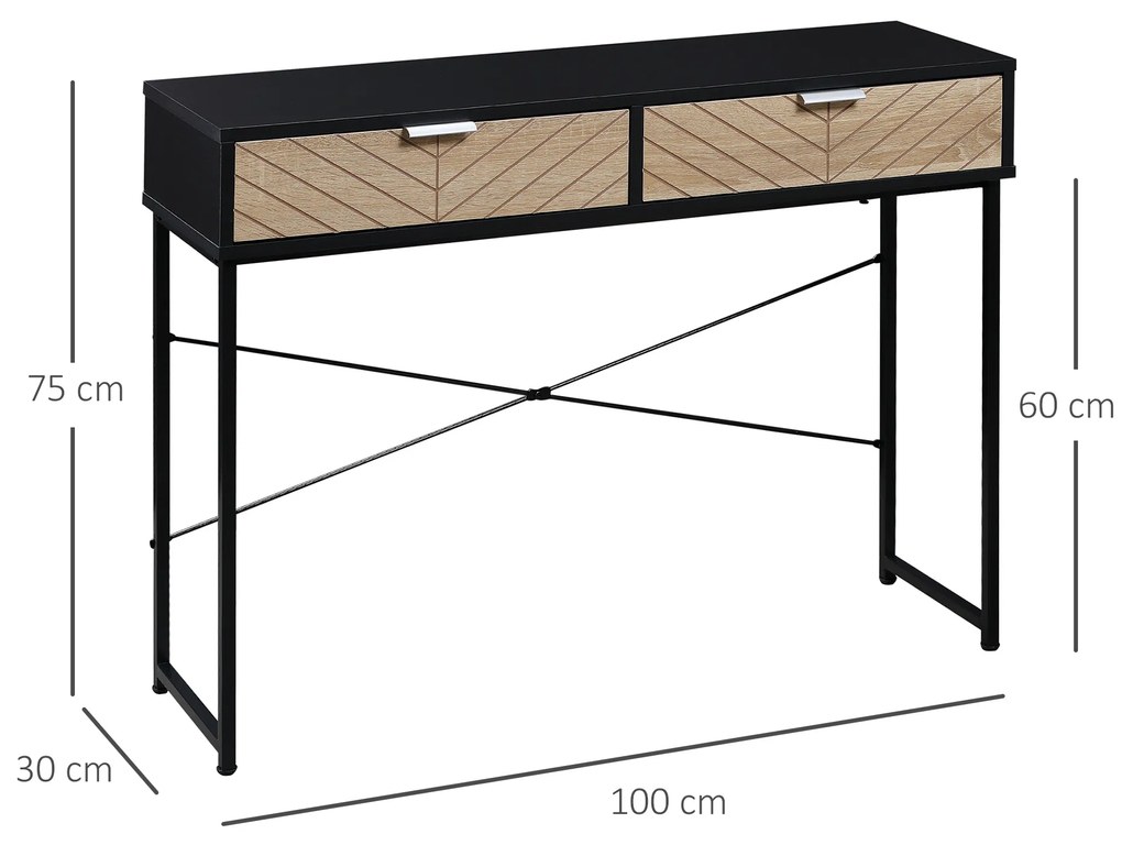 Mesa Consola 100x30x75 cm Mesa de Entrada Moderna com 2 Gavetas de Armazenamento Preto e Madeira
