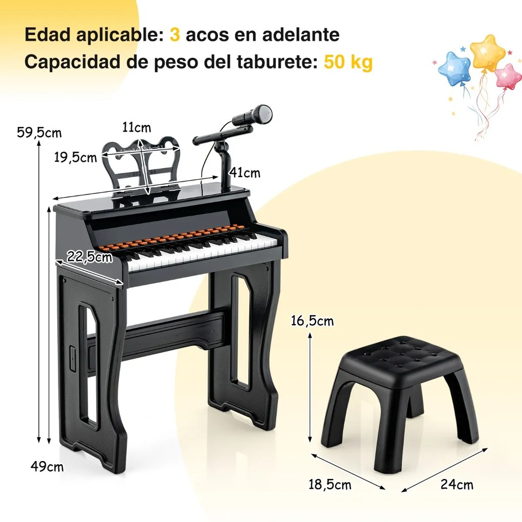 Piano para crianças de 3 anos eletrónico com 37 teclas, microfone ajustável e suporte de música amovível Preto