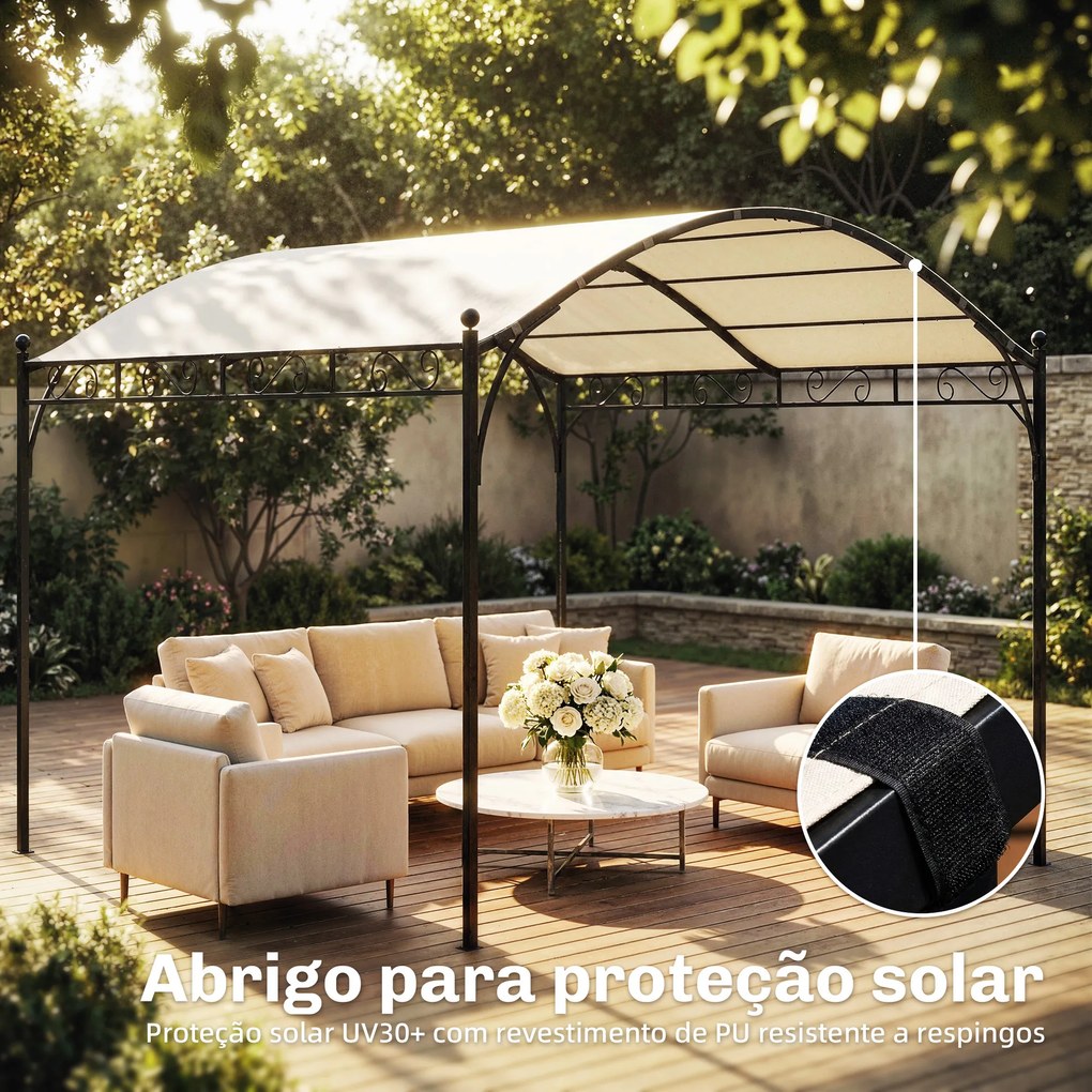 Pérgola de Jardim 3x3 m com Toldo UV30+ Estrutura de Metal Galvanizado Telhado Arqueado Pérgola para Exterior Creme