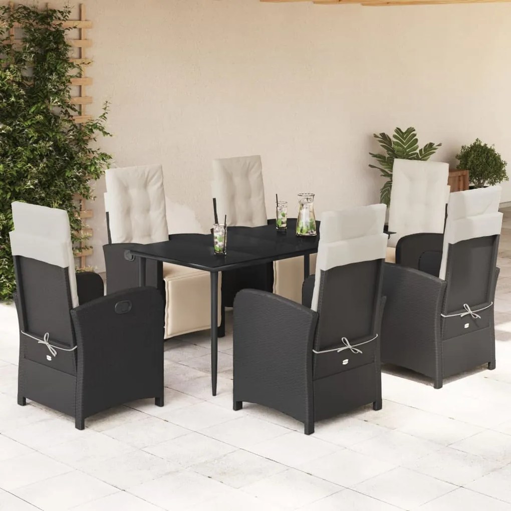 7 pcs conjunto de jantar p/ jardim c/ almofadões vime PE preto