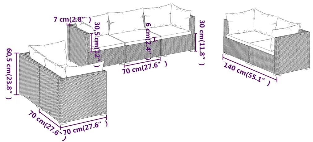 7 pcs conjunto lounge jardim c/ almofadões vime PE castanho