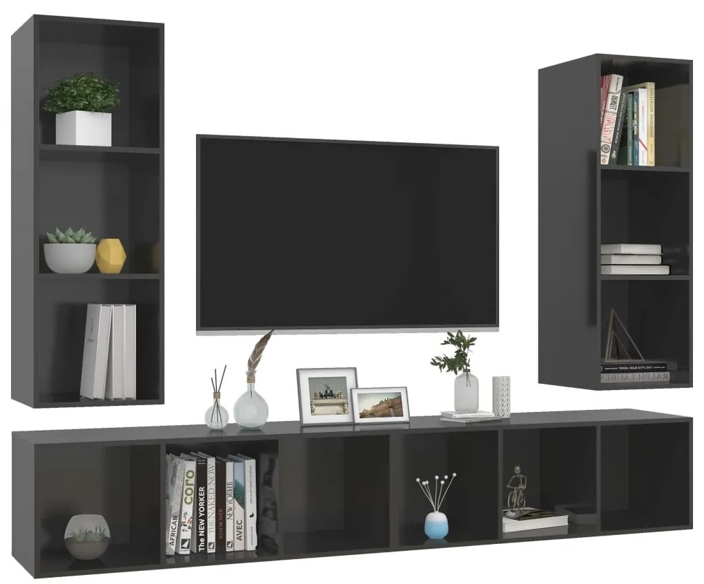 Armários de parede TV 4 pcs derivados madeira cinza brilhante