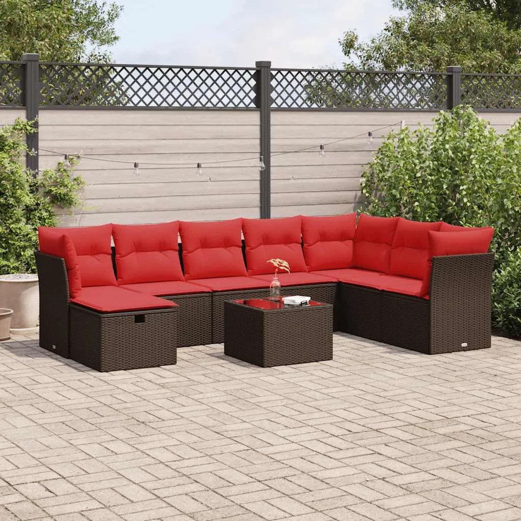 9 pcs conjunto sofás p/ jardim c/ almofadões vime PE castanho