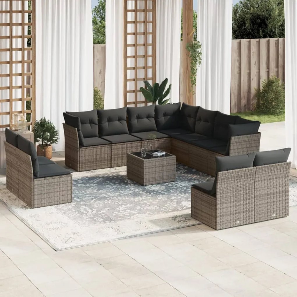 12 pcs conjunto de sofás jardim c/ almofadões vime PE cinzento