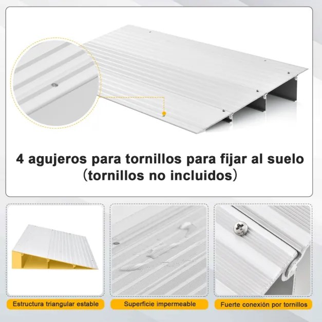 Rampa escadas cadeiras de rodas com moldura em alumínio e superfície antiderrapante Carga 317 kg para cadeiras roda 86,5 x 41,5 x 8,5 cm Prata
