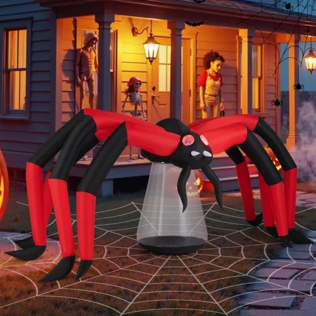Aranha insuflável 313 cm gigante de Halloween com luzes LED impermeável para exterior com estacas e cordas Vermelho + Preto