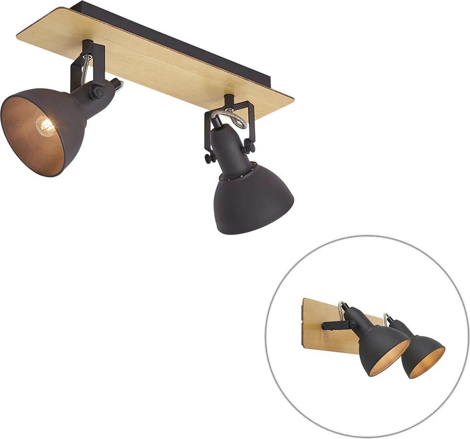 Foco de teto preto com madeira 2 luzes giratório e inclinável - Jakub