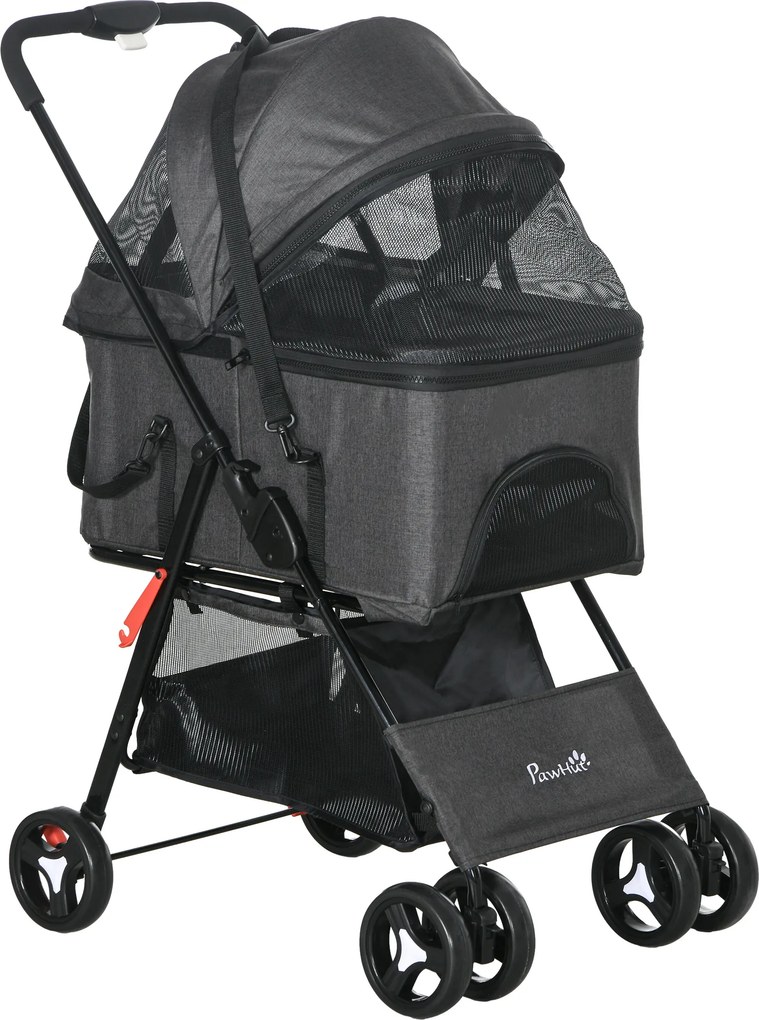PawHut Carrinho para cães 3 em 1 dobrável cesto de transporte com alça removível almofada 76 x 51 x 100 cm cinza | Aosom Portugal