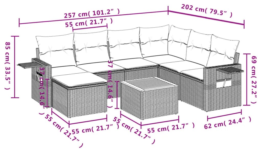 8 pcs conjunto sofás de jardim com almofadões vime PE preto