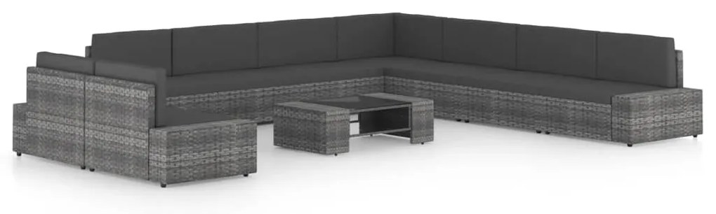 10 pcs conjunto lounge de jardim c/ almofadões vime PE cinzento