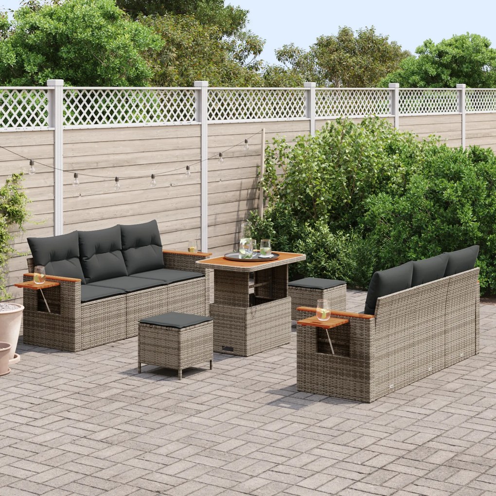 Conjunto de Sofá de Jardim com 9 Peças e Almofadas Cinza Rattan Poliés