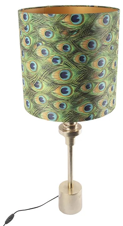 Candeeiro de mesa Art Déco dourado com abajur de veludo com design de pena de pavão 40 cm - Diverso Art Deco
