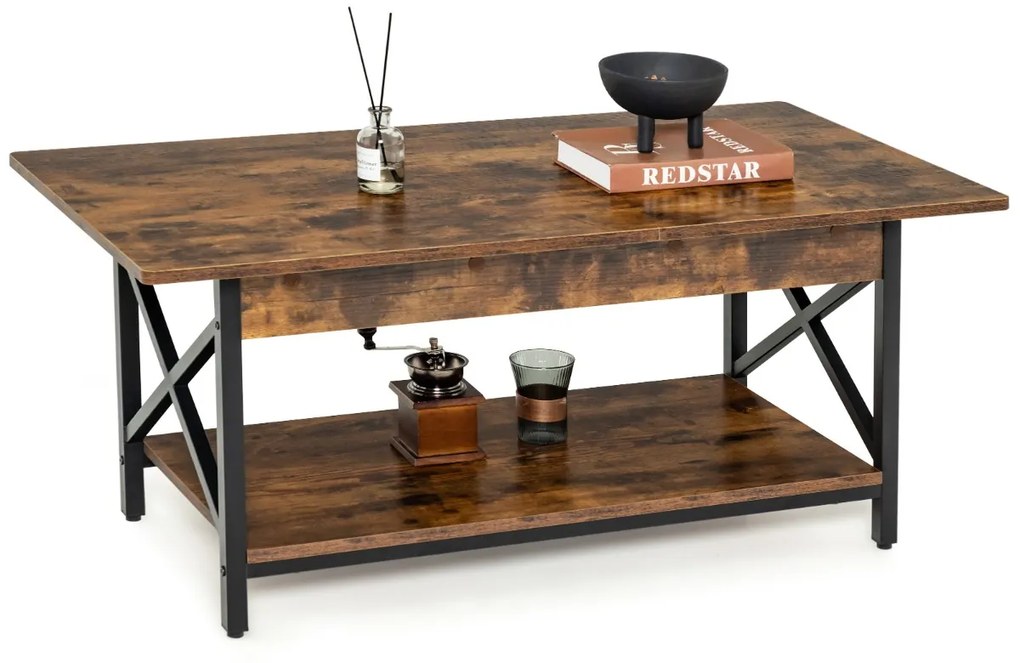 Mesa de centro industrial de 2 níveis com Estante para arrumação e estrutura em X de metal para sala de estar 110x60x48 cm Castanho