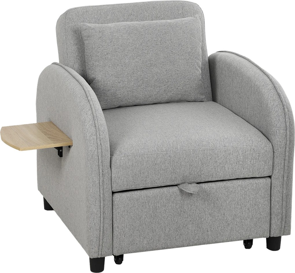 Poltrona-cama de 1 lugar, Poltrona-cama 3 em 1, Encosto ajustável, Apoio lateral rebatível, Cinzento