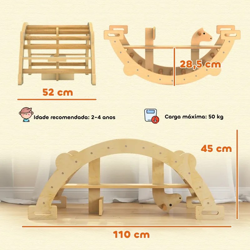 Arco de Escalada de Madeira e Baloiço Montessori Brinquedo Educativo Interior para Crianças 110x52 cm Madeira