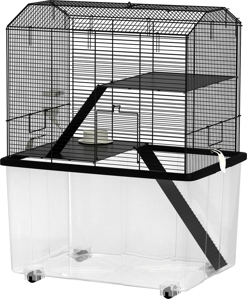 Gaiola para hamsters e roedores de 3 andares 57 x 43 x 74 cm, com rodas, plataforma e escada em arame de aço, preta