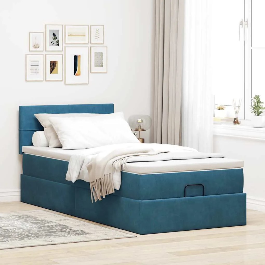 Estrutura de cama otomana com colchão azul escuro Veludo