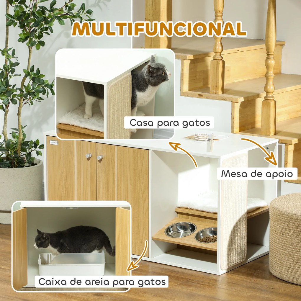 Móvel Caixa de Areia para Gatos 3 em 1 Mesa Auxiliar Caixa de Areia para Gatos com Tapete para Arranhar 95x48x50,5 cm Branco e Carvalho