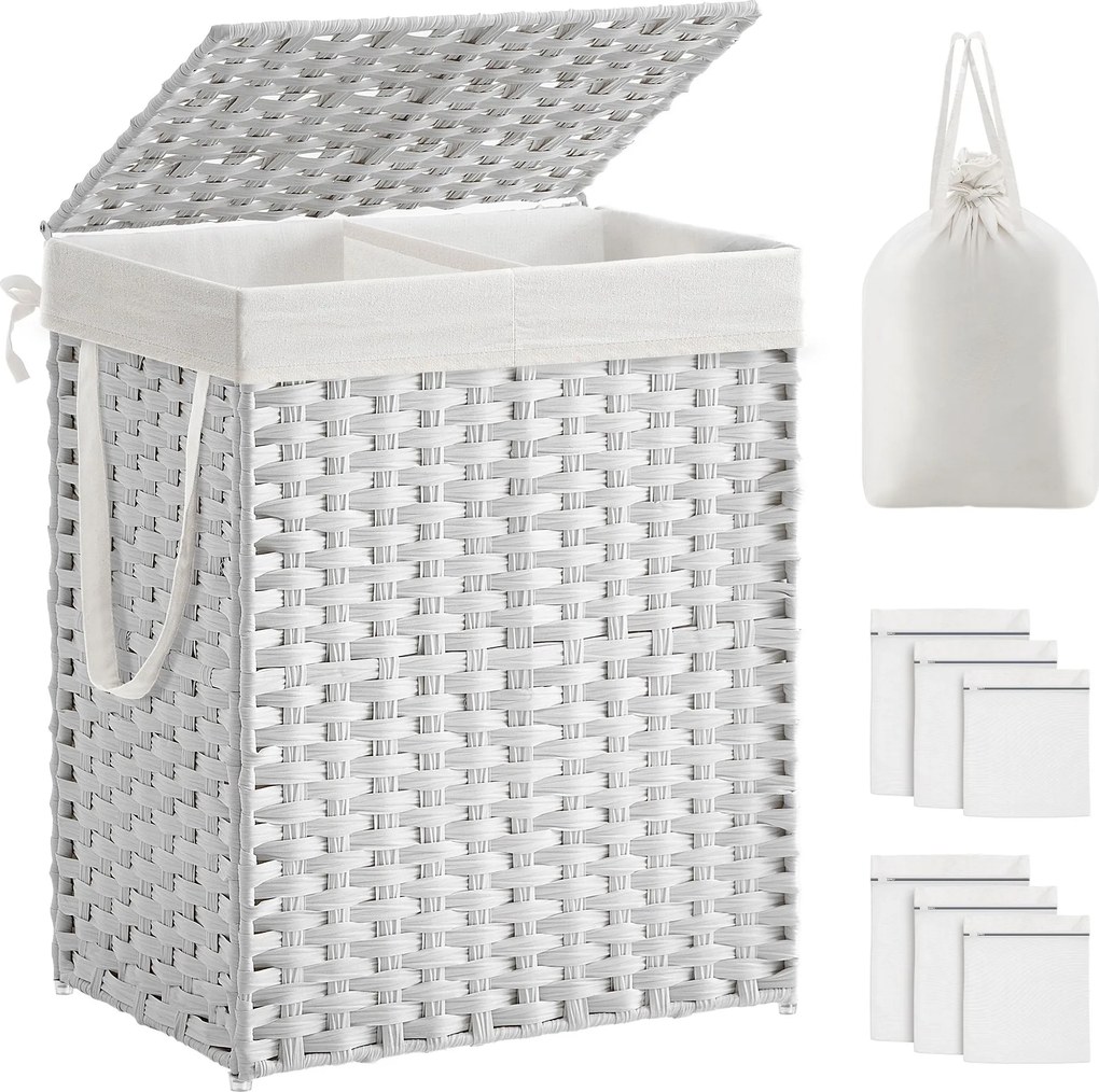 Cesto da roupa suja branco, 90 L, 33 x 46 x 60 cm com 2 compartimentos, trançado à mão e com tampa Branco