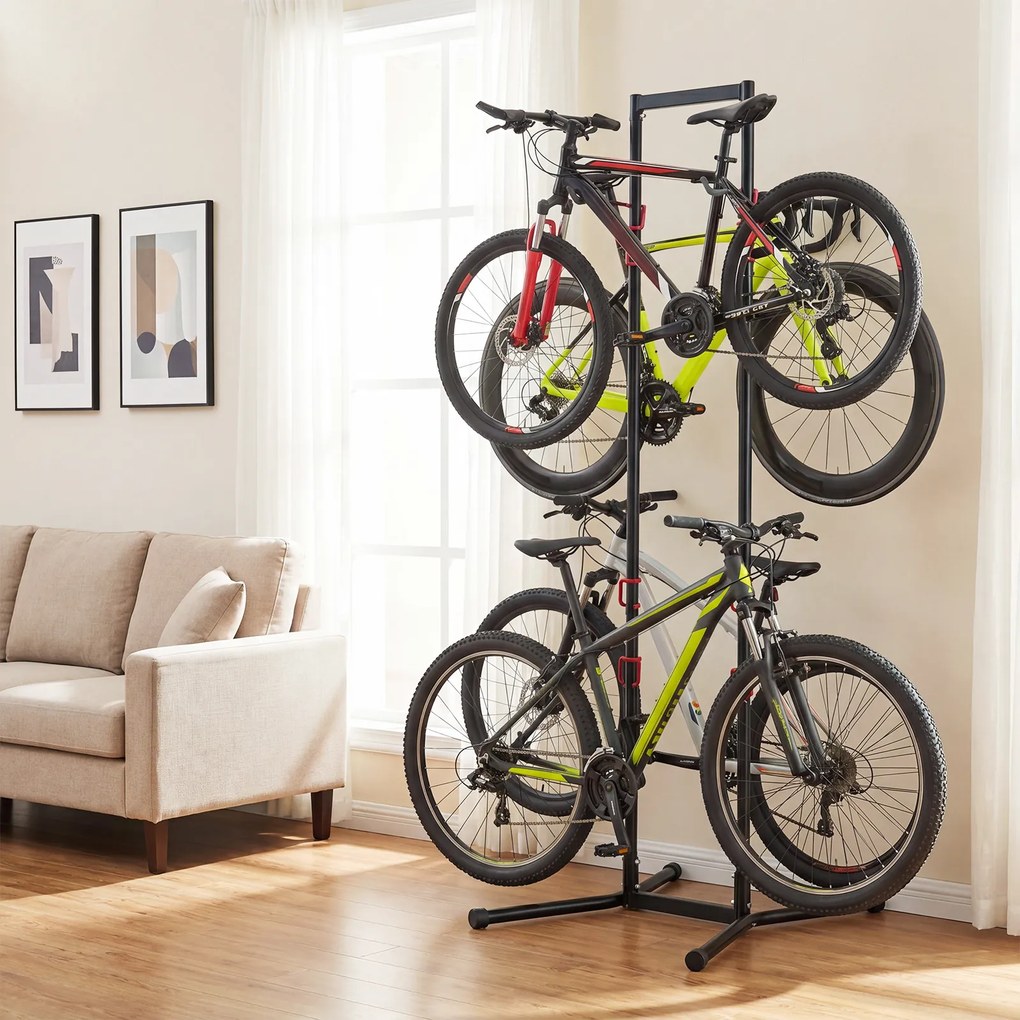 Suporte de Chão para 4 Bicicletas, 77 x 74 x 217 cm, Braços Ajustáveis, Preto