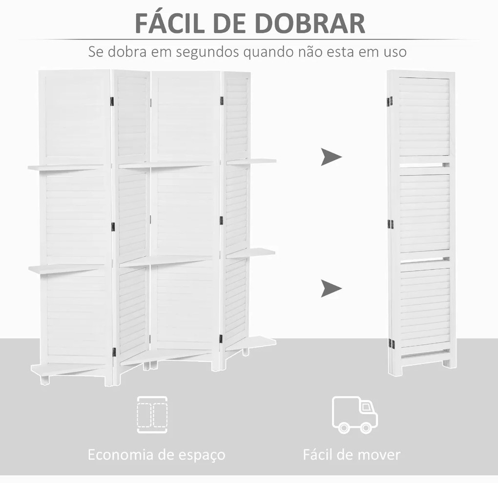 Biombo de 4 Painéis de Madeira Separador de Ambiente Dobrável com 3 Prateleiras Removíveis Desenho Persiana para Dormitório Escritório 160x170cm Branc