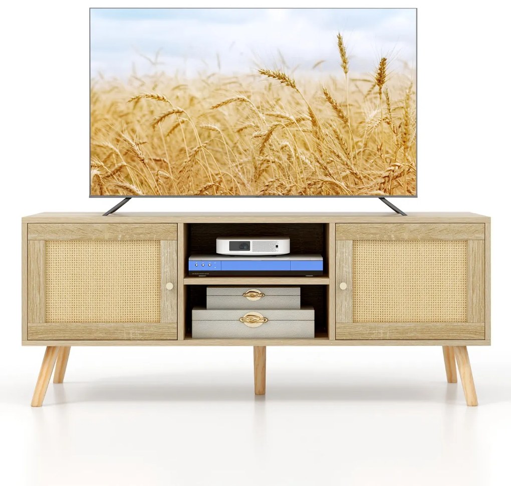 Móvel de TV 55” Rattan PE com 2 portas e prateleiras abertas 120 x 40 x 40,5 cm Natural