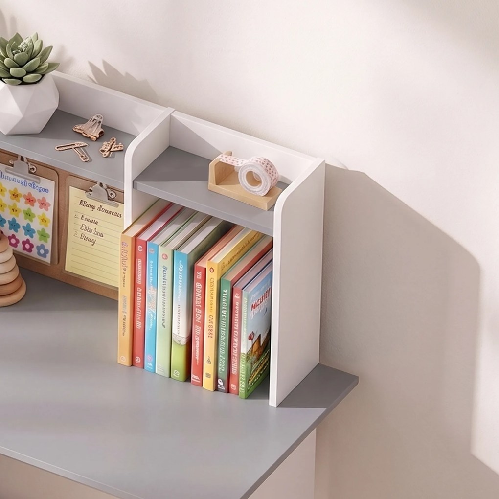 Secretária Infantil com Cadeira Suporte Ajustável para Comprimido Porta-lápis Quadro de Cortiça Estantes e Armários Cinza