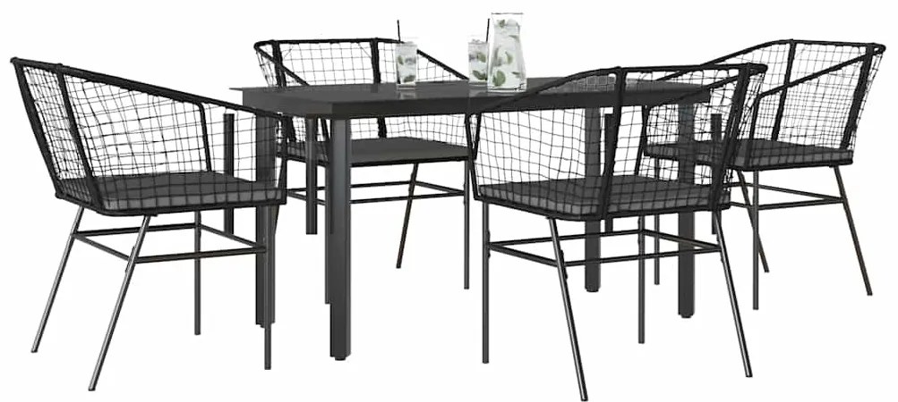 Conjunto de jantar jardim 5 peças almofadas vidro vime PE preto