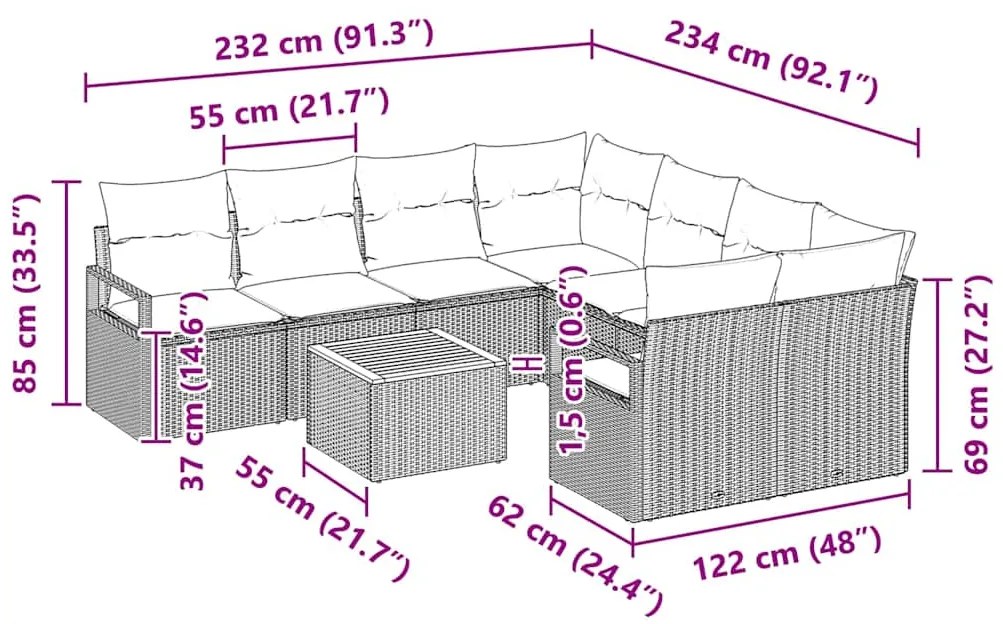 Conjunto de Sofás de Jardim 9 Peças com Almofadas Pretas em Rattan de