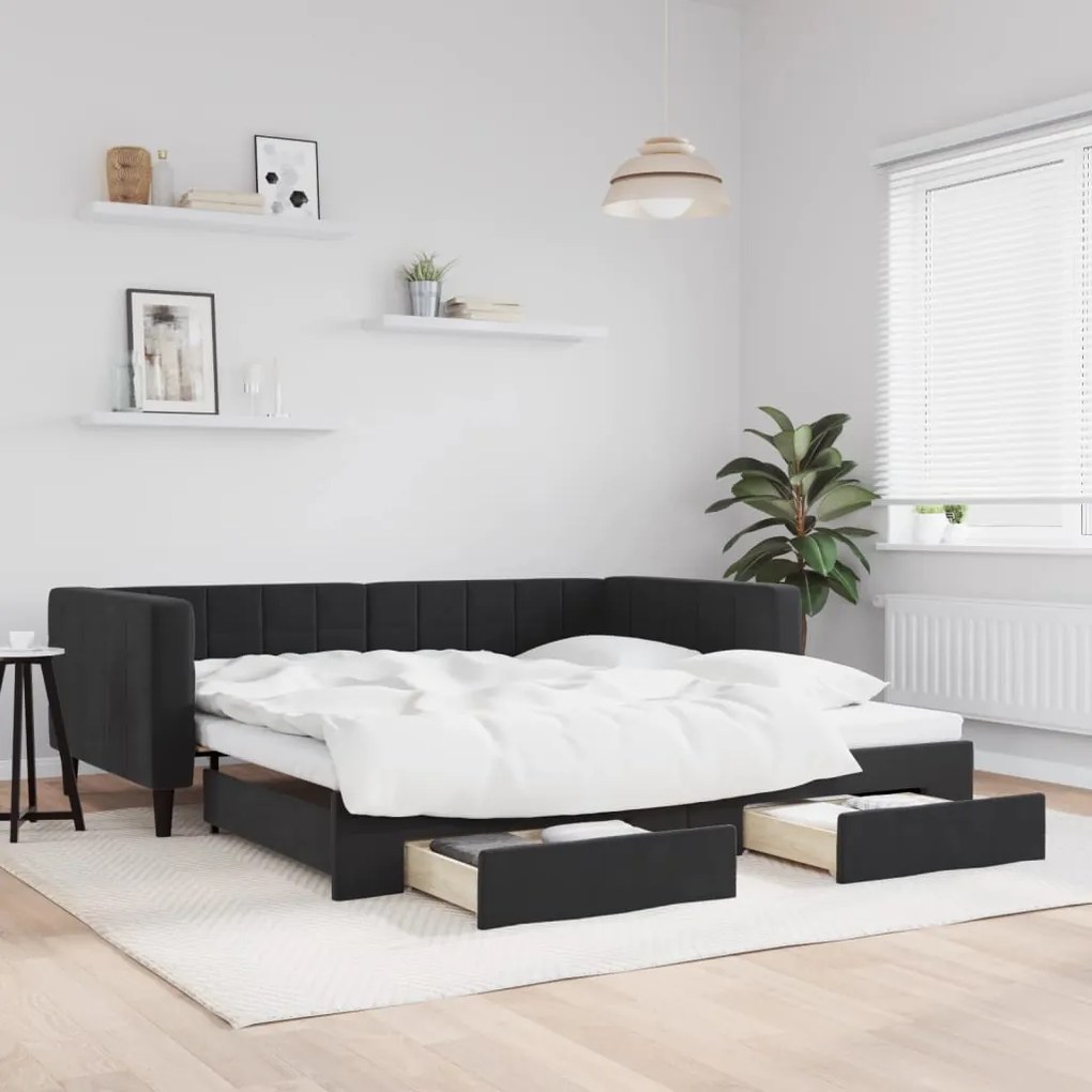 Sofá-cama com gavetão e gavetas 100x200 cm veludo preto