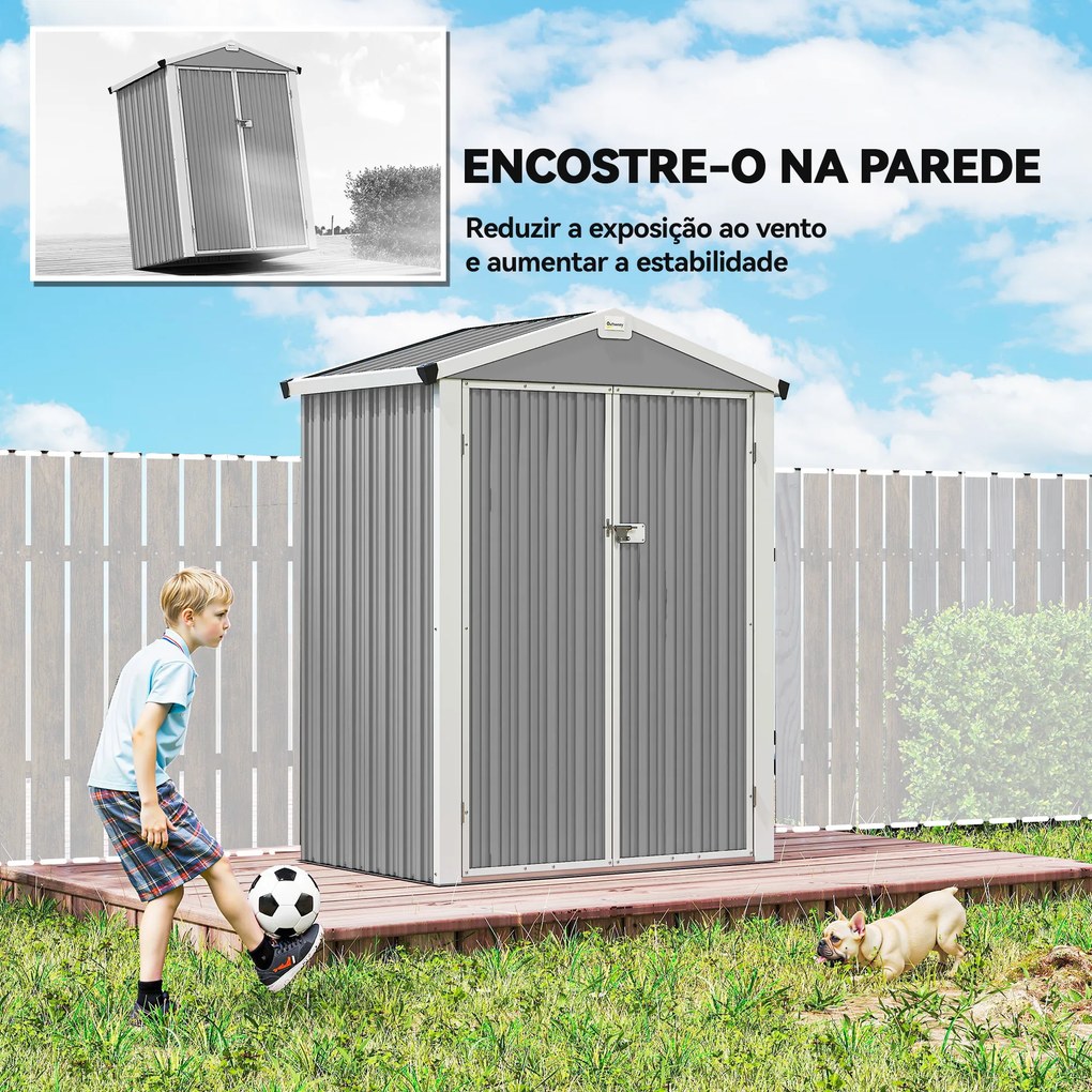 Abrigo de Jardim Exterior 1,1 m² 133x87x178 cm com 2 Portas de Correr Telhado Inclinado e Luvas Cinzento Prateado