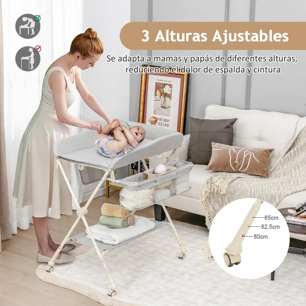 Mesa trocador de Fraldas bebé dobrável Altura Ajustável Cinto de Segurança Rodas 80 x 70 x 104 cm Cinzento