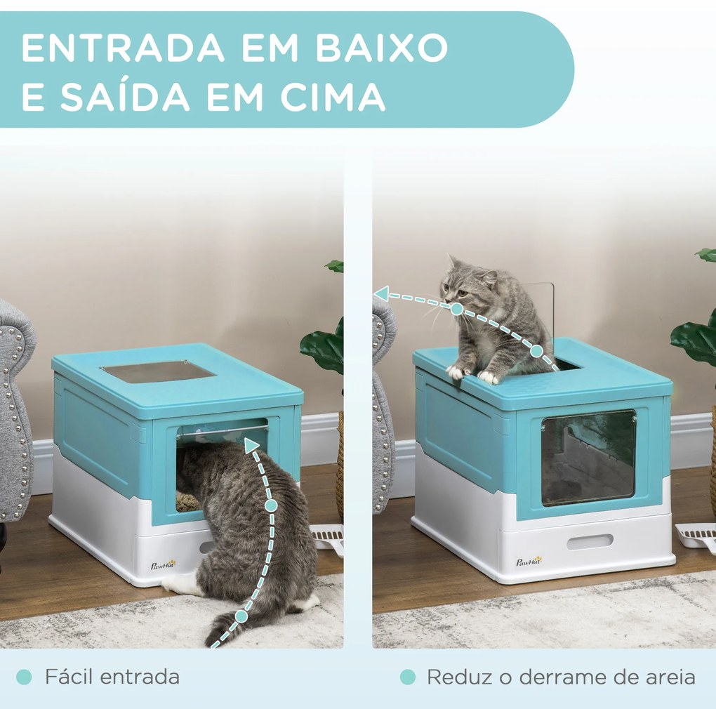 Caixa de Areia para Gatos Dobrável Caixa de Areia para Gatos Fechada com Bandeja Removível e Pá 47,5x35,5x36,7cm Azul