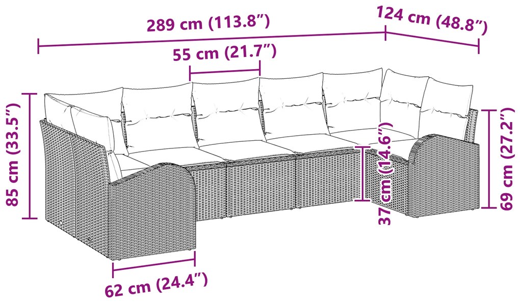 Conjunto de Sofá de Jardim de 7 Peças com Almofadas Cinza em Rattan Si