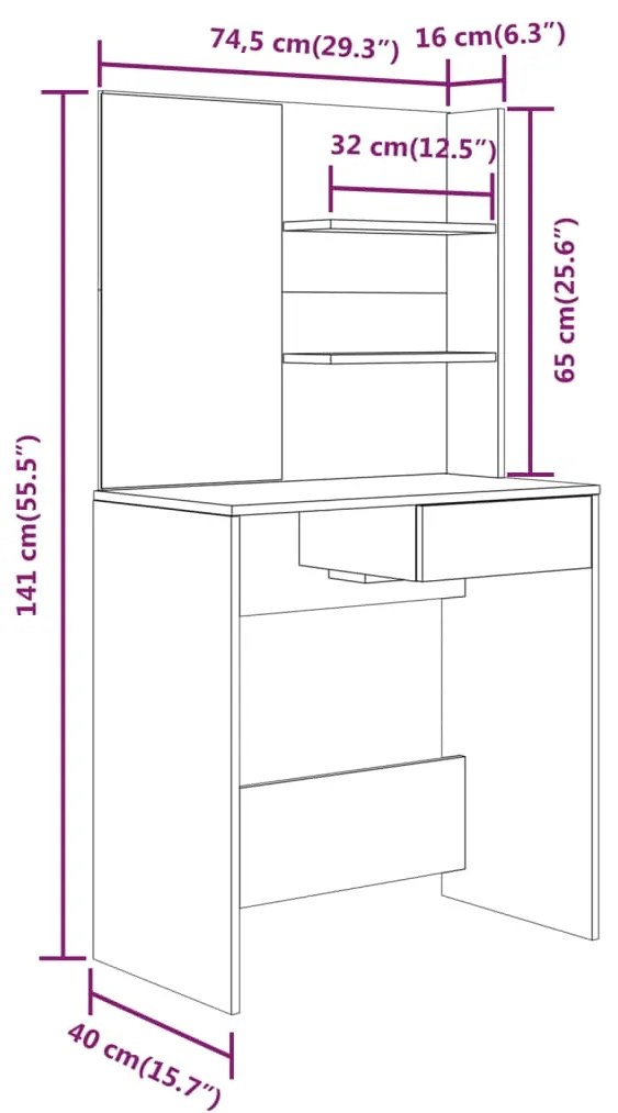 Toucador com espelho 74,5x40x141 cm cor sonoma cinzento