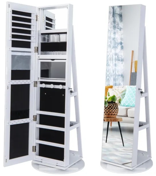 Espelho Guarda Joias rotativos 360° com luzes LED Espelho de corpo inteiro Com Estante 54,5 x 161 cm Branco