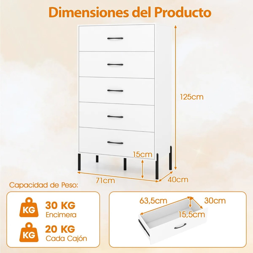 Comoda alta com 5 gavetas 71 x 40 x 125 cm, pés e puxadores de metal com gavetas Branco