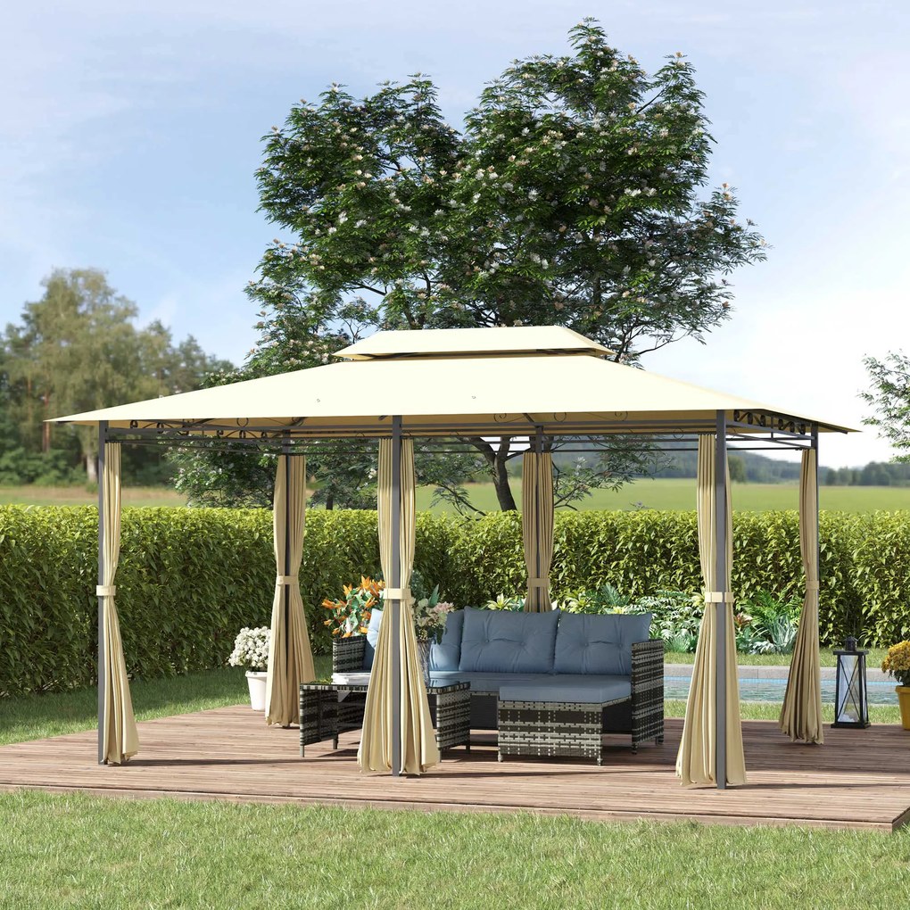 Pérgola de Jardim com Estrutura de Aço Teto Duplo 6 Cortinas Laterais 8 Orifícios de Drenagem 300x400x280 cm Creme