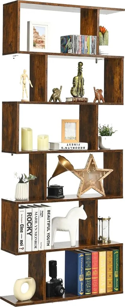 Estante decorativa em forma de S  80 x 23 x 191 cm com 6 prateleiras de madeira multifuncional para sala, quarto ou escritório Café