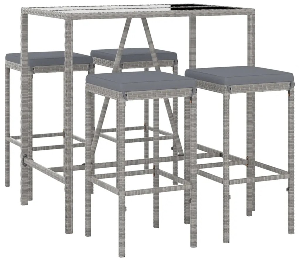 5 pcs conjunto de bar p/ jardim c/ almofadões vime PE cinzento