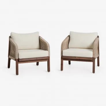 Pack De 2 Cadeirões De Jardim Em Madeira De Acácia Dubai Castanho-acácia Escuro & Tecido Gardénia Branco - Sklum