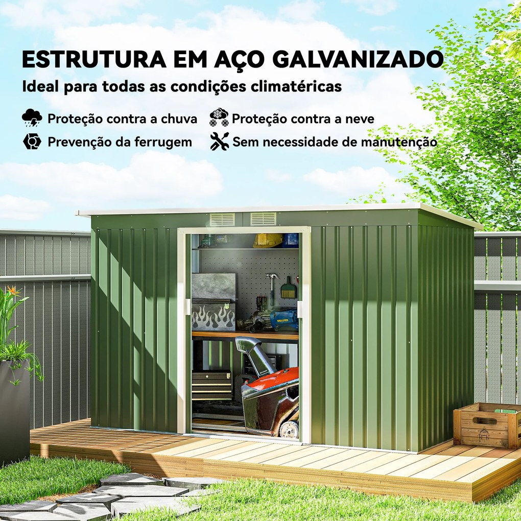 Abrigo de Jardim 280x130x172cm Abrigo de Exterior de Aço Galvanizado com Porta Corredeira e Ventilações Verde Claro
