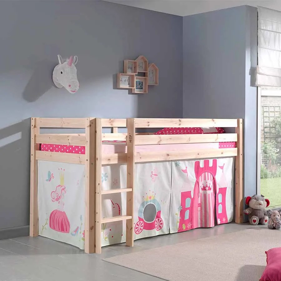 Conjunto Cama alta de Criança PINO 90 x 200 cm + estrado + escada + cortina Princesa Natural