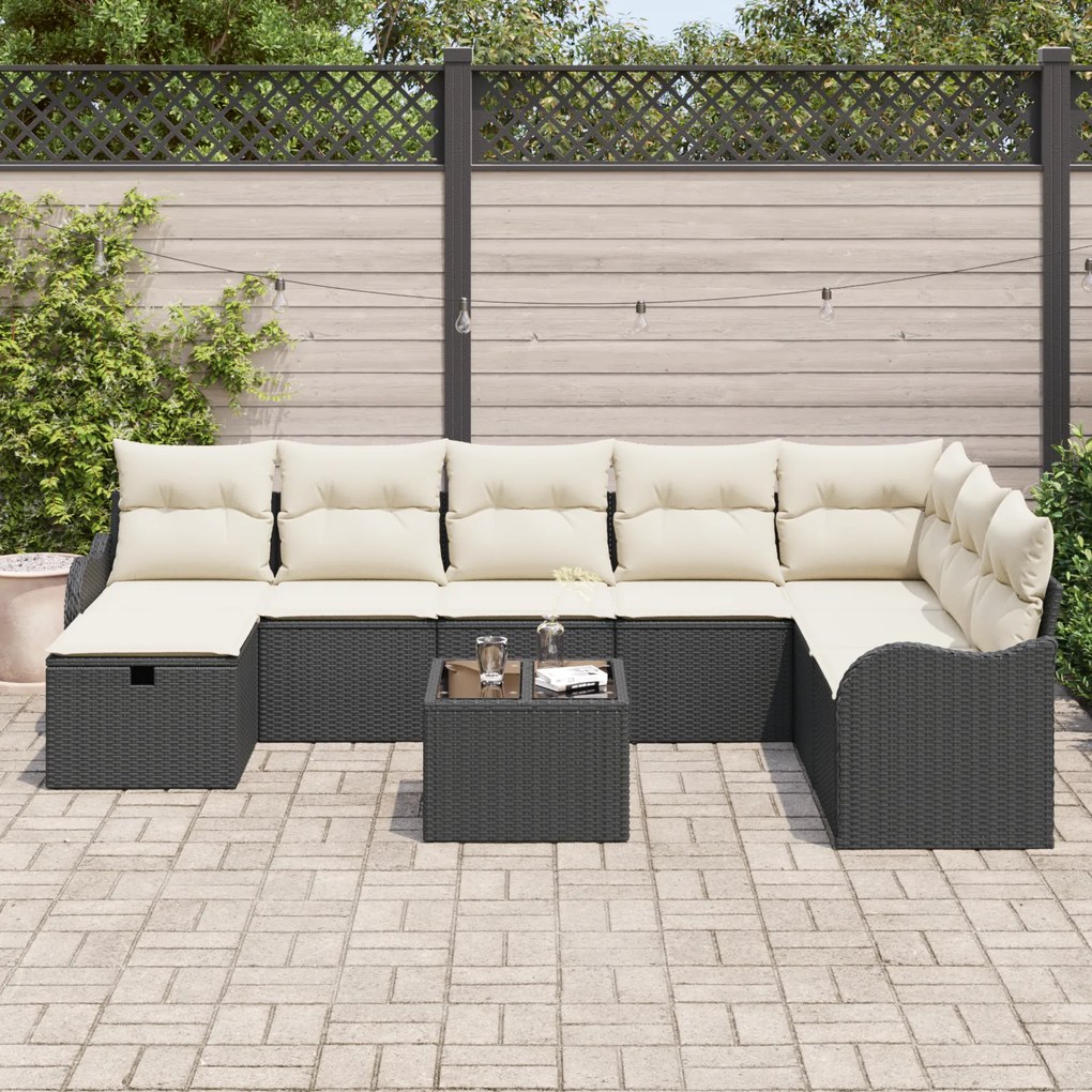 Conjunto de Sofá de Jardim com 9 Peças e Almofadas em Rattan Preto, So