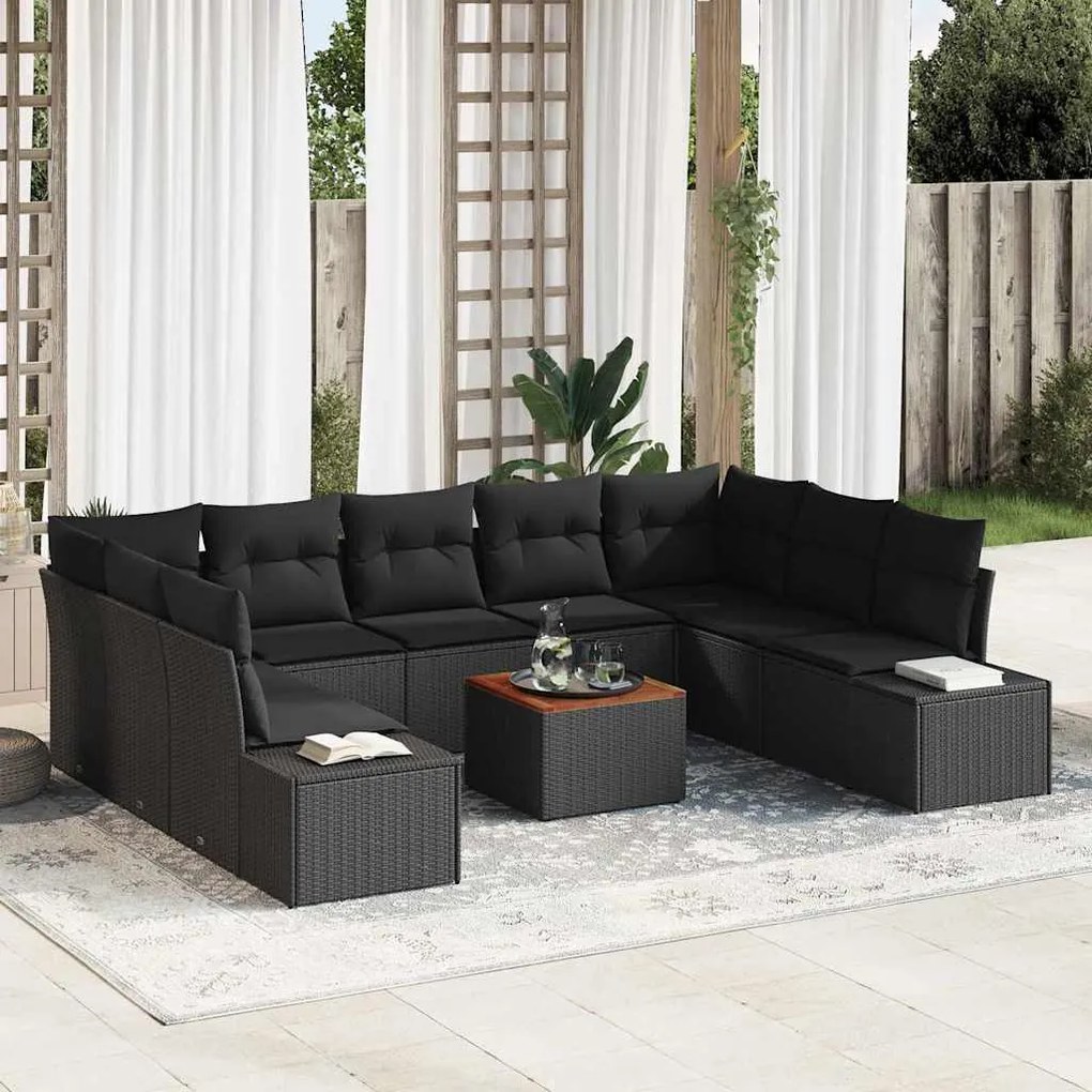 vidaXL Conjunto de Sofá de Jardim com 10 Peças e Almofadas Pretas em Rattan Sintético