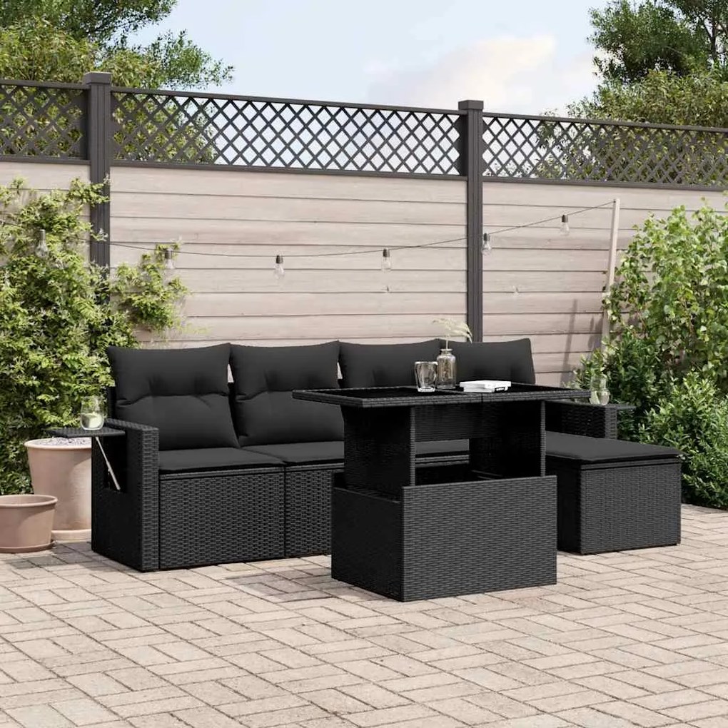 6 pcs conjunto sofás de jardim c/ almofadões vime PE preto