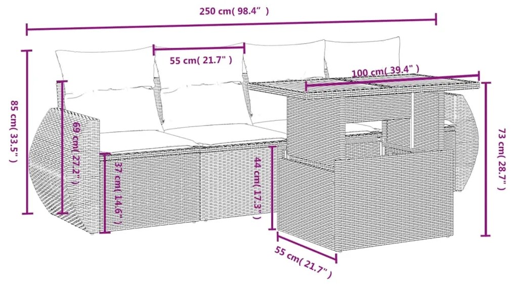 5 pcs conjunto de sofás p/ jardim com almofadões vime PE bege