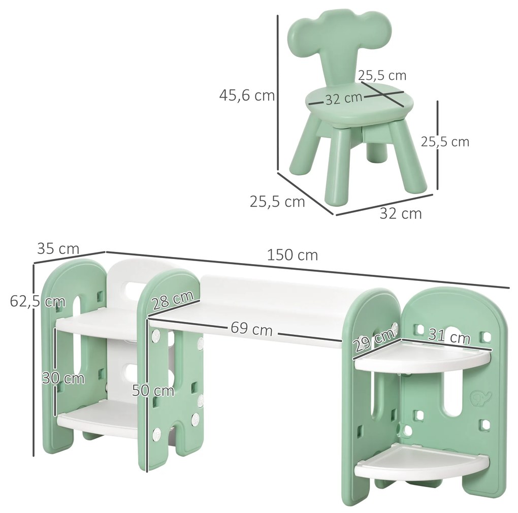 HOMCOM Conjunto de Mesa e Cadeira Infantil 2 em 1 com Prateleira Conjunto de Mesa e Cadeira para Crianças com 4 Prateleiras de Armazenamento para Livros Brinquedo 150x35x62,5cm Verde e Branco