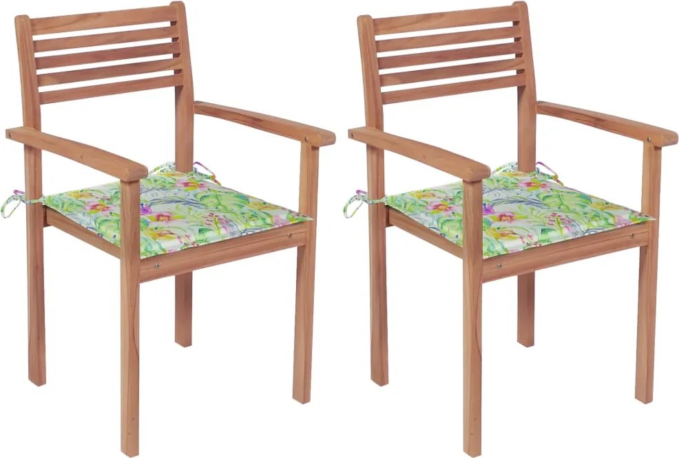 Cadeiras jardim c/ almofadões padrão folhas 2 pcs teca maciça